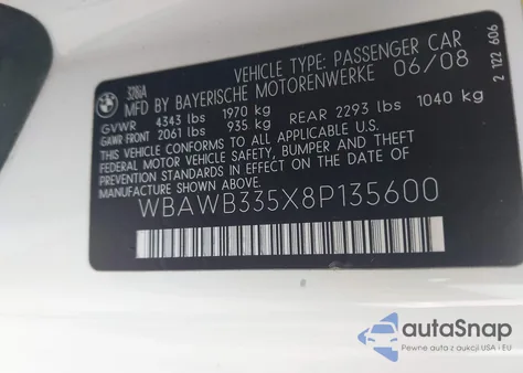 2008 BMW 328I from USA, damaged, VIN WBAWB335X8P135600